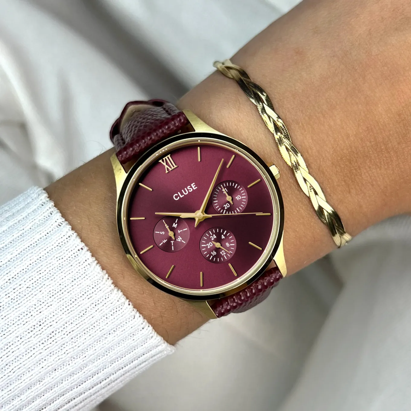 Discount Minuit Multifunction Watch Leather, Dark Cherry Lizard, Gold Colour Damen Uhren Gold | Minuit Multifunction